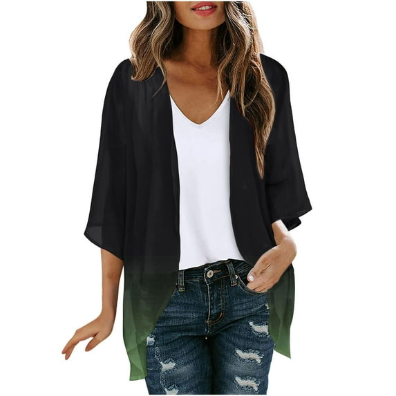 jjayotai Kimono Cardigans for Women, Dressy Solid 3/4 Sleeve Chiffon Open Front Lightweight Summer Fall Cardigan Sheer Beach Cover Up Green XXXXXL