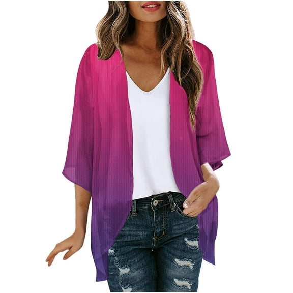 jjayotai Kimono Cardigans for Women, Dressy Solid 3/4 Sleeve Chiffon Open Front Lightweight Summer Fall Cardigan Sheer Beach Cover Up Pink XXXXL