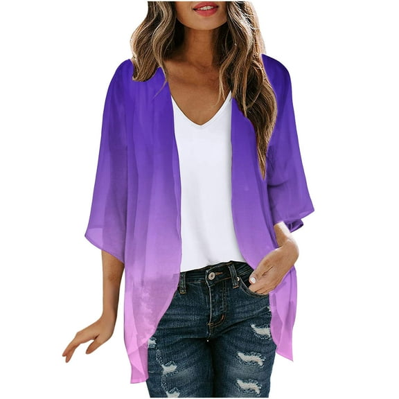 jjayotai Kimono Cardigans for Women, Dressy Solid 3/4 Sleeve Chiffon Open Front Lightweight Summer Fall Cardigan Sheer Beach Cover Up Purple XXXXL