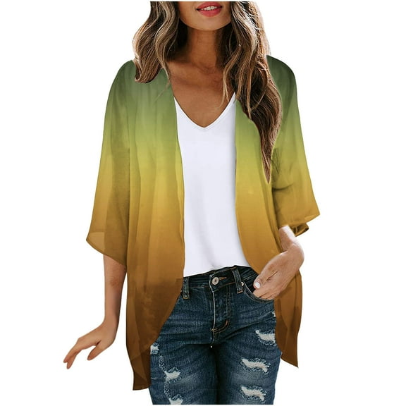 jjayotai Kimono Cardigans for Women, Dressy Solid 3/4 Sleeve Chiffon Open Front Lightweight Summer Fall Cardigan Sheer Beach Cover Up Yellow XXXXXL