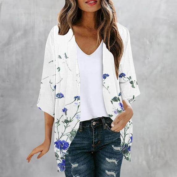 jjayotai Kimonos for Women, Casual Thin Dressy Tops Floral Open Front Loose Cardigan, Plus Size Coverup Blue XXXXXL