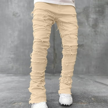 jjayotai Long Pants For Men Clearance Stacked Jeans for Men, Slim Fit Stretch Jeans Distressed Patchwork Frayed Straight Leg Skinny And Ripper Denim Trendy Streetwear Pants