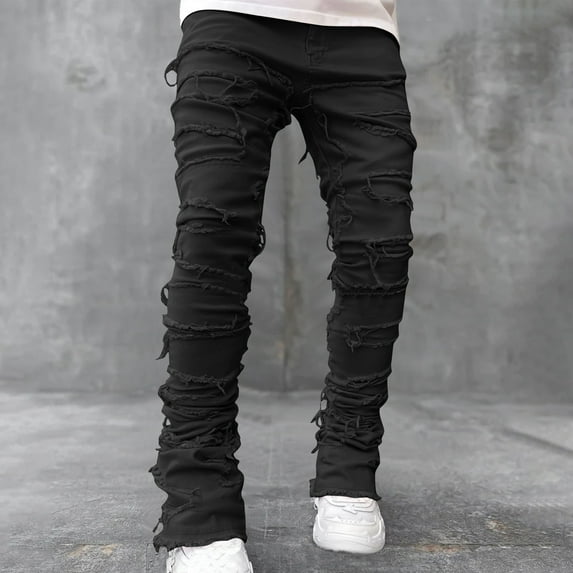 jjayotai Long Pants For Men Clearance Stacked Jeans for Men, Slim Fit Stretch Jeans Distressed Patchwork Frayed Straight Leg Skinny And Ripper Denim Trendy Streetwear Pants