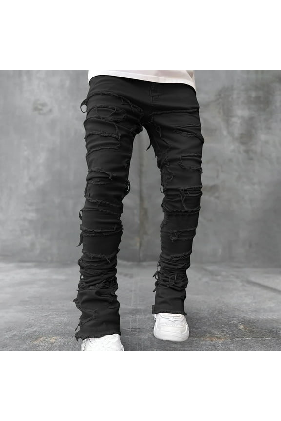 Long Pants For Men Clearance Stacked Jeans for Men, Slim Fit Stretch Jeans Distressed Patchwork Frayed Straight Leg Skinny And Ripper Denim Trendy Streetwear Pants