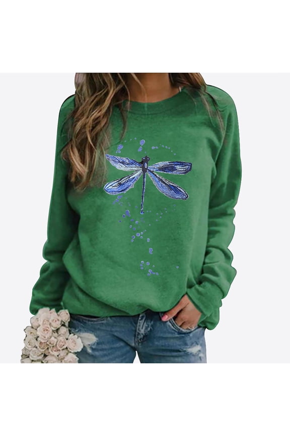 Long Sleeve Shirts for Women, Casual Dragonfly Graphic Crewneck Sweatshirt Teen Girls Oversized Workout Basic Tops
