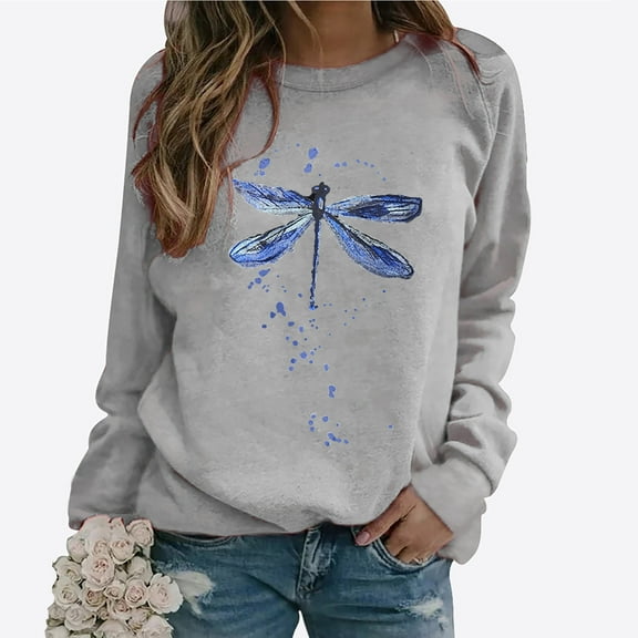 jjayotai Long Sleeve Shirts for Women, Casual Dragonfly Graphic Crewneck Sweatshirt Teen Girls Oversized Workout Basic Tops