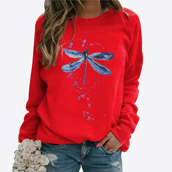 jjayotai Long Sleeve Tops for Women 2024, Casual Fall Crew Neck Sweatshirts Cute Dragonfly Print Loose Fit Fashion Shirts