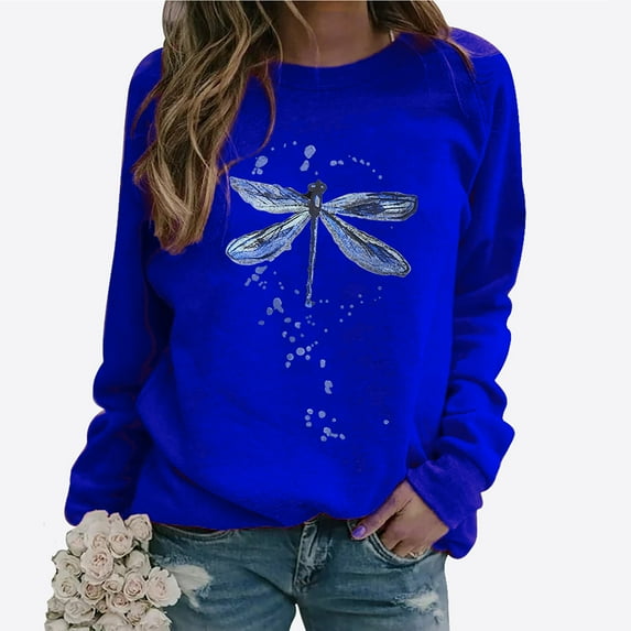 jjayotai Long Sleeve Tops for Women 2024, Casual Fall Crew Neck Sweatshirts Cute Dragonfly Print Loose Fit Fashion Shirts