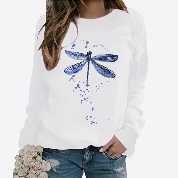 jjayotai Long Sleeve Tops for Women 2024, Casual Fall Crew Neck Sweatshirts Cute Dragonfly Print Loose Fit Fashion Shirts