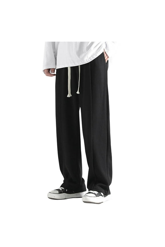 Men's Baggy Sweatpants, Drawstring Elastic Waist Trousers, Y2K Loose Wide Leg Long Pants with Pocket Black L