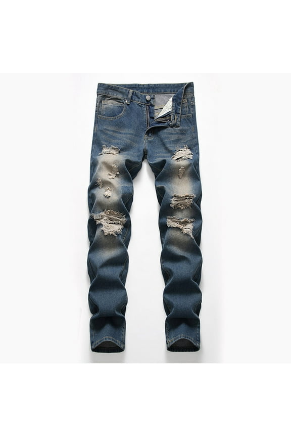 Men's Jeans, Slim Fit Ripped Straight Leg Distressed Fashion Denim Pants Blue 32
