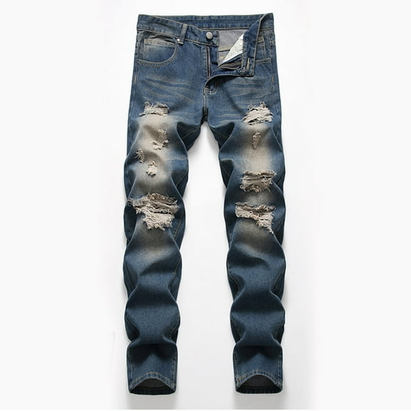jjayotai Men's Jeans, Slim Fit Ripped Straight Leg Distressed Fashion Denim Pants Blue 40