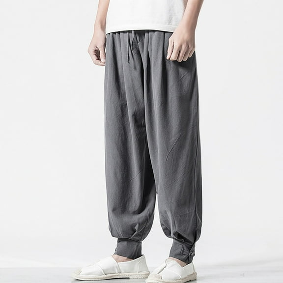 jjayotai Men's Linen Harem Pants, Casual Baggy Cotton Pant, Solid Color Baggy Elastic Waist Trousers with Pocket Gray M