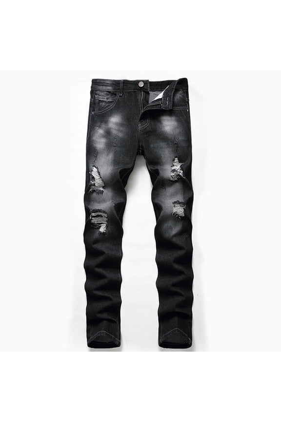 Men's Ripped Distressed Destroyed Straight Fit Washed Denim Jeans Pants Black 32