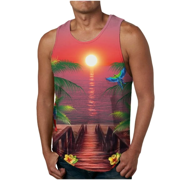 jjayotai Men's Tank Top New Fashion Casual Men's Summer Floral Hawaiian Camisole Print Sport Round-Neck Tank Top