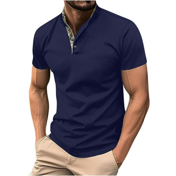 jjayotai Men's Top Shirt with V-Neck Men Casual Basic Button Short Sleeve Shirt T-shirt Stand Collar With An Open Collar Semi-open Collar V-neck
