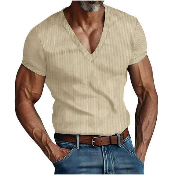 jjayotai Men's Top Shirt with V-Neck Men's V-Neck Solid Color Top Short Sleeve V-Neck Blouses Shirts
