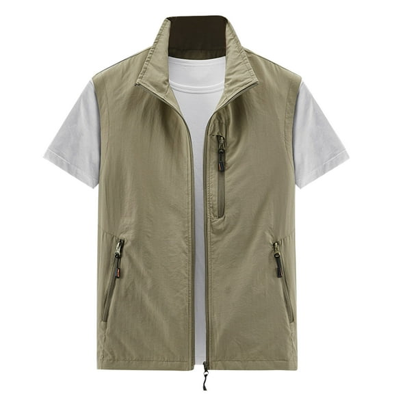 jjayotai Mens Coat Jacket Clearance Men's Sleeveless Work Clothes Jacket Solid Color Stand Collar Multiple Pockets Outdoor Sports Vest Photography Leisure Coat