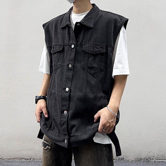jjayotai Mens Coat Jacket Clearance Men's Solid Color Motorcycle Turndown Collar Denim Punk Sleeveless Jacket