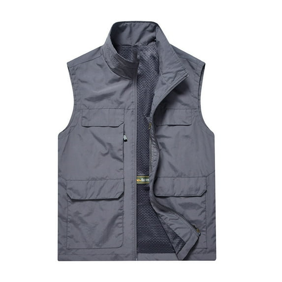 jjayotai Mens Coat Jacket Clearance Men's Work Sleeveless Jacket Solid Color Stand Collar Multiple Pockets Outdoor Sports Photography Leisure Coat