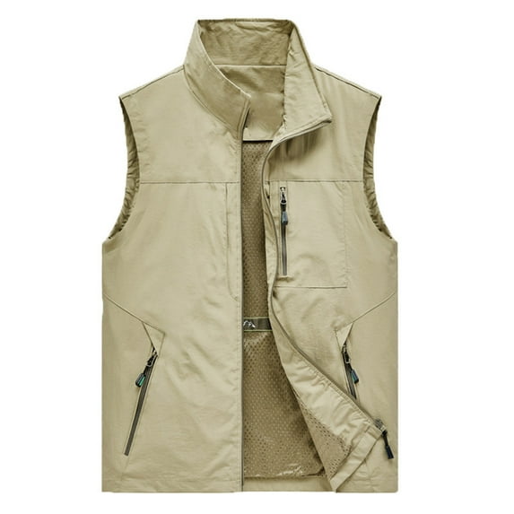jjayotai Mens Coat Jacket Clearance Men's Work Sleeveless Jacket Solid Color Stand Collar Multiple Pockets Outdoor Sports Photography Leisure Coat