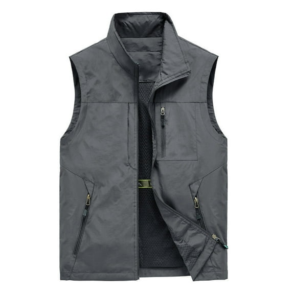 jjayotai Mens Coat Jacket Clearance Men's Work Sleeveless Jacket Solid Color Stand Collar Multiple Pockets Outdoor Sports Photography Leisure Coat