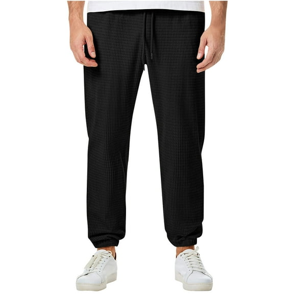 jjayotai Mens Corduroy Pants, Mens Checked Solid Joggers Pants, Casual Drawstring Elastic Waist Baggy Tapered Sweatpants with Pockets Black XXXL