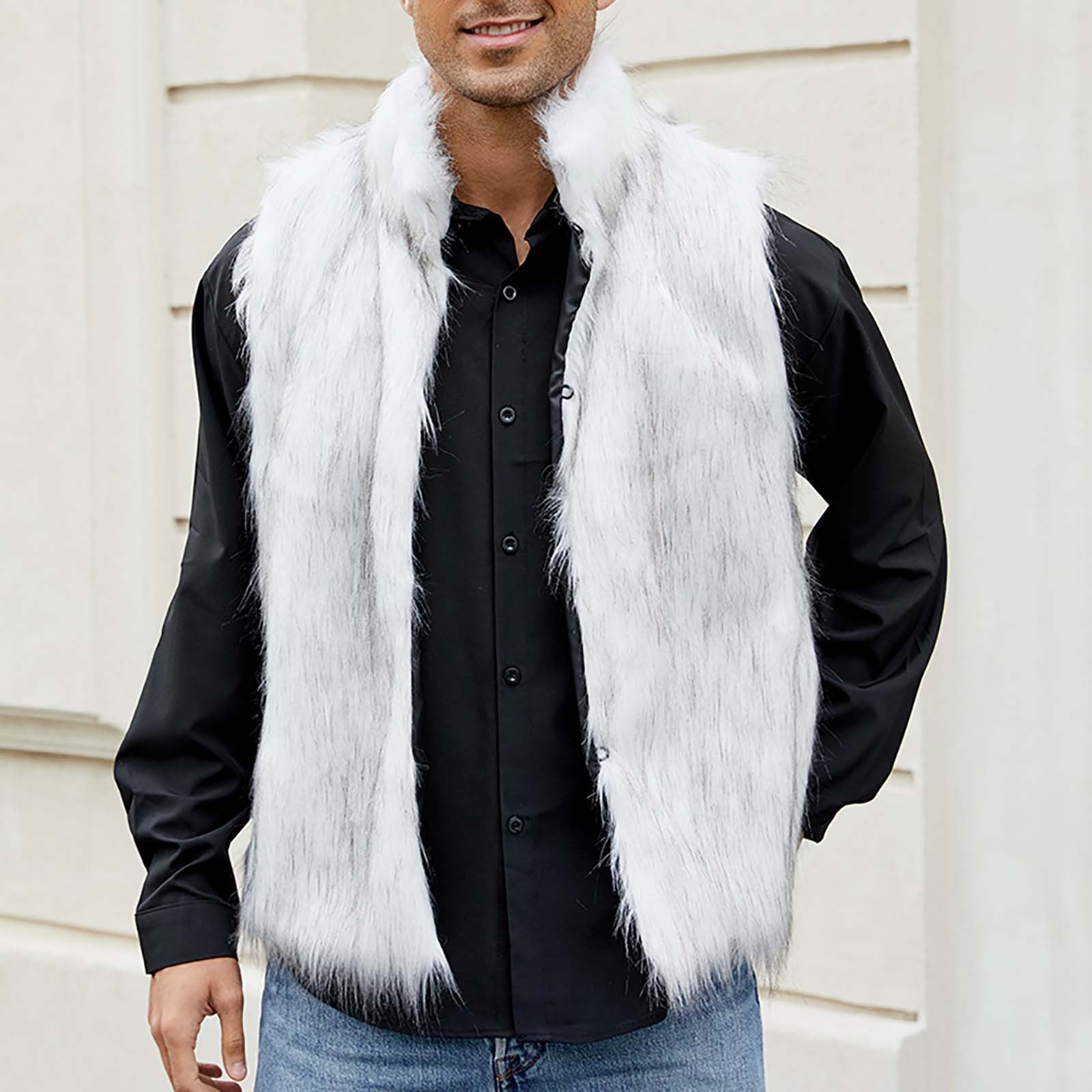 jjayotai Mens Faux Fur Vest Winter Warm Short Coat Fluffy Shaggy Sleeveless Jacket Fashion Casual Fuzzy Outerwear White L Walmart