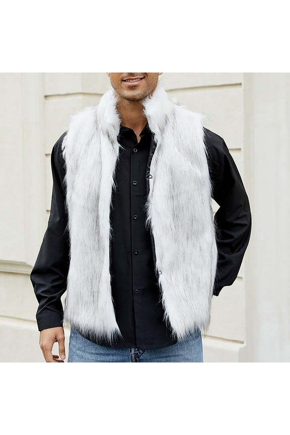 Mens Faux Fur Vest, Winter Warm Short Coat Fluffy Shaggy Sleeveless Jacket Fashion Casual Fuzzy Outerwear White S