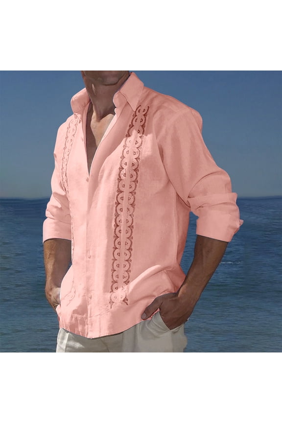 Mens Long Sleeve Lapel Tops Clearance Men's Cuban Guayabera Shirts Casual Cotton Linen Long Sleeve Lapel Button Down Shirt Regular Fit Basic Tops
