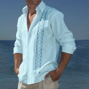 jjayotai Mens Long Sleeve Lapel Tops Clearance Mens Cuban Guayabera Shirts Casual Cotton Linen Long Sleeve Lapel Button Down Shirt Regular Fit Basic Tops