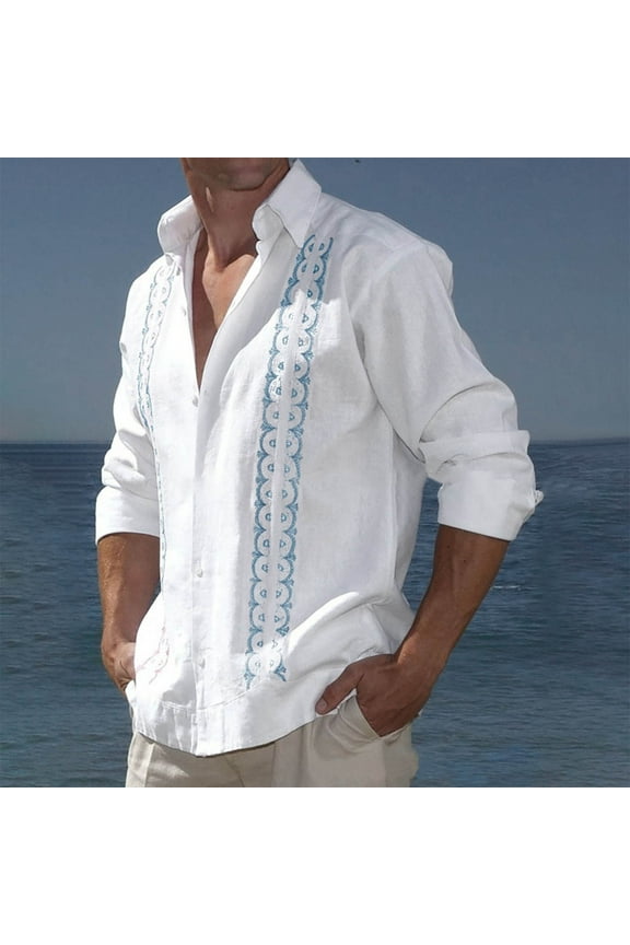 Mens Long Sleeve Lapel Tops Clearance Men's Cuban Guayabera Shirts Casual Cotton Linen Long Sleeve Lapel Button Down Shirt Regular Fit Basic Tops