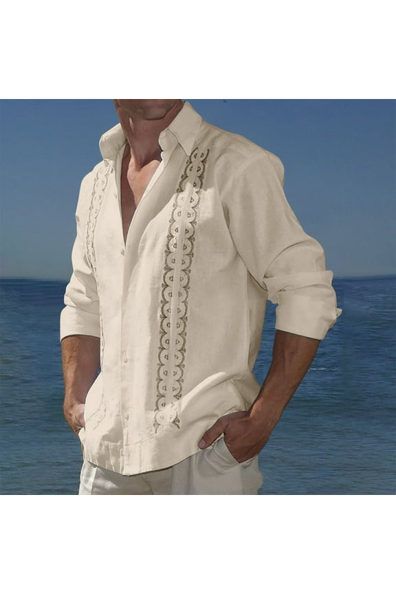 Mens Long Sleeve Lapel Tops Clearance Men's Cuban Guayabera Shirts Casual Cotton Linen Long Sleeve Lapel Button Down Shirt Regular Fit Basic Tops
