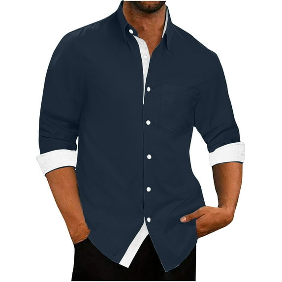 jjayotai Mens Long Sleeve Lapel Tops Clearance Mens Casual Fashion Cotton Linen Shirts Turndown Collar Button Down Long Sleeve Regular Fit Dress Shirts Stretch Wrinkle-Free Blouse With Pocket