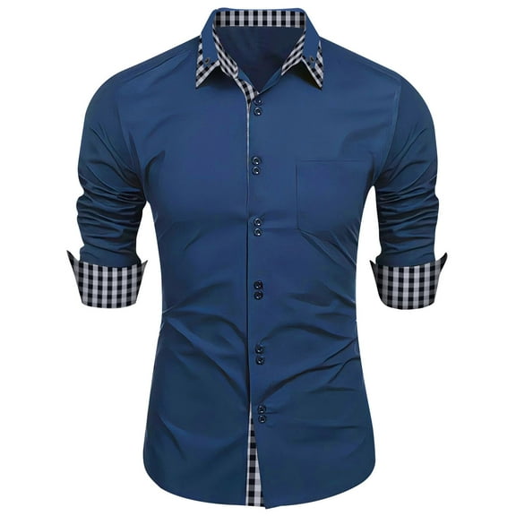 jjayotai Mens Long Sleeve Lapel Tops Clearance Mens Casual Long Sleeve Stretch Dress Shirt Button Down Wrinkle Free Regular Fit Shirts Contrast Inner Collar Business Tops