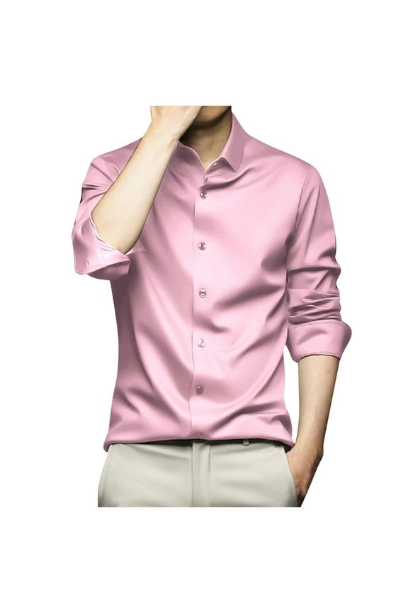 Mens Long Sleeve Lapel Tops Clearance Mens Shiny Ice Silk Satin Button Down Dress shirts Solid Quick-Drying Wrinkle Free Long Sleeve Lapel Shirts Casual Tops