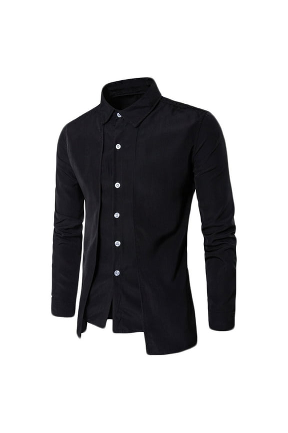 Mens Long Sleeve Tops Clearance Men's Solid Color Slim Fake Two Personalized Double Front Long-sleeved Lapel Shirt