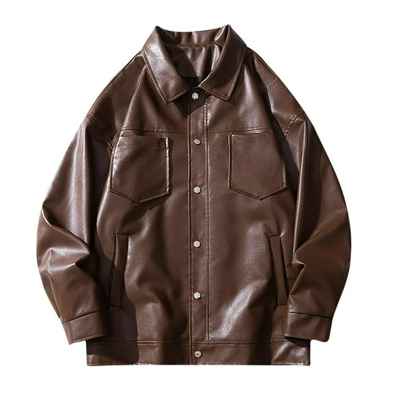 jjayotai Mens Motorcycle Jacket, Lapel Leather Windbreaker Zip Up Solid Oversize Fashion Coat Spring Fall 2024 Shell Jackets Coffee M