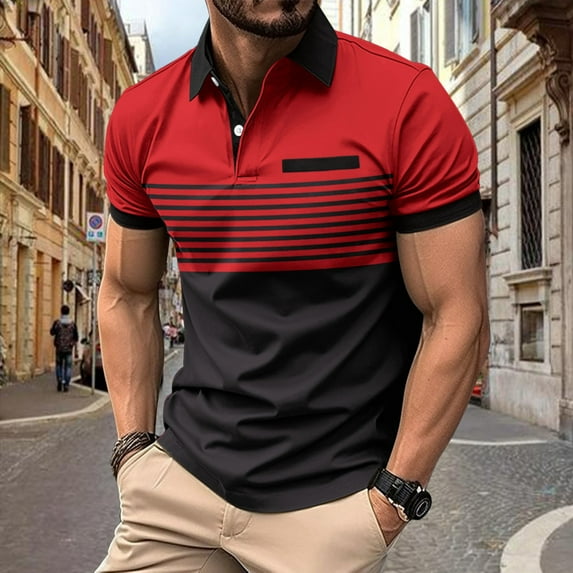 jjayotai Mens Short Sleeve Tops Clearance Men's Fallow Button Turn-down Collar Top Short-Sleeved Stripe Sports Top Shirt