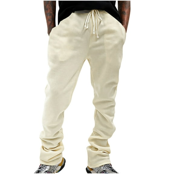 jjayotai Mens Sweatpants, Linen Stacked Flared Sweat Pants, Peasant Loose Fit Casual Hip Hop Wide Leg Pant, Outdoor Athletic Bell Bottom Trousers Beige L