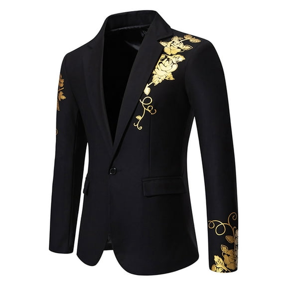 jjayotai Mens Tops Clearance Men's Casual Luxurious Gold Bronzing Print Slim Fit Button Blazer Turn-down Collar Long Sleeve Suit Jacket for Wedding Formal Business