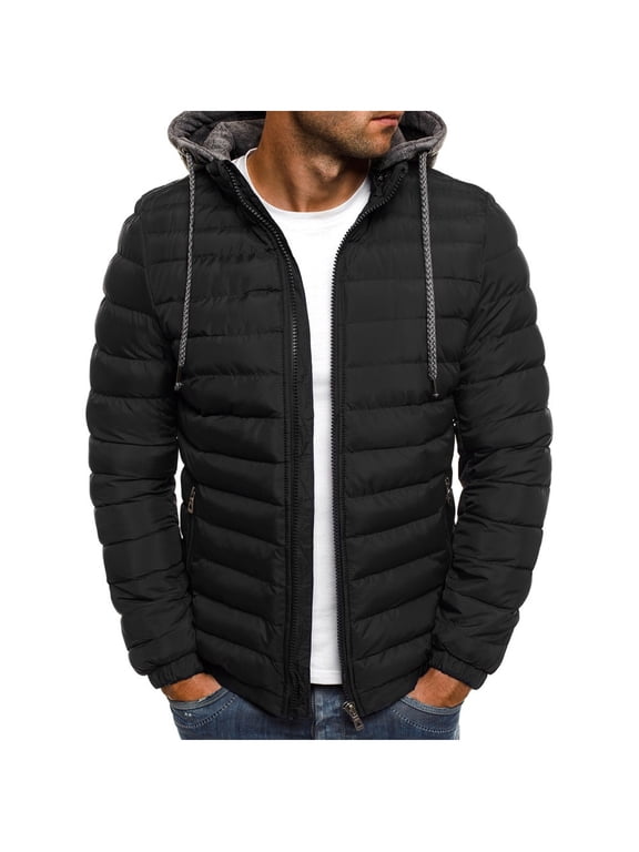 Mens Tops Clearance Men's Winter Full Zipper Drawstring Hooded Thermal Puffer Jacket Outdoor Sports Coat Outwear