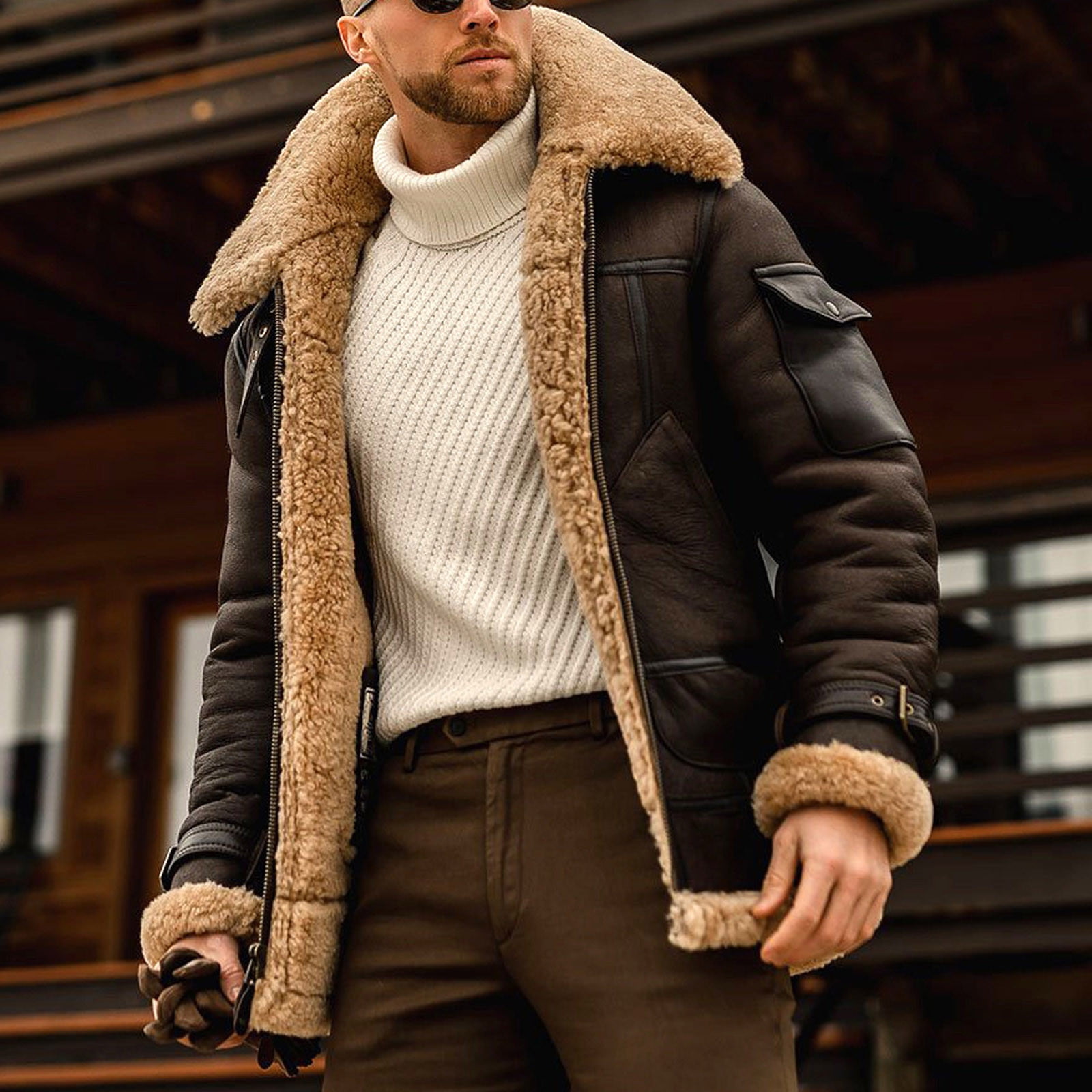 jjayotai Mens Tops Clearance Mens Casual Stylish Sherpa Faux Leather Jacket Warm Coat Windproof Vintage Fur Bomber Casual Winter Suede Jacket