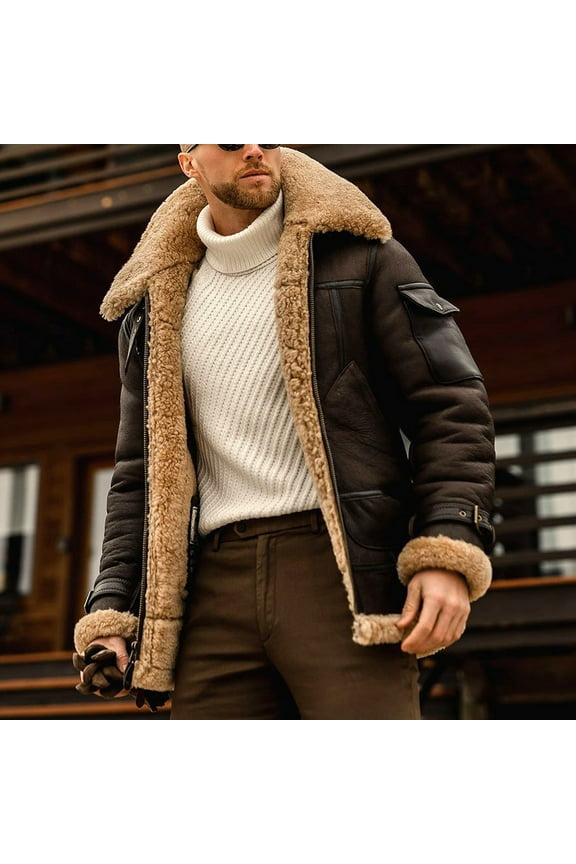 Mens Tops Clearance Mens Casual Stylish Sherpa Faux Leather Jacket Warm Coat Windproof Vintage Fur Bomber Casual Winter Suede Jacket