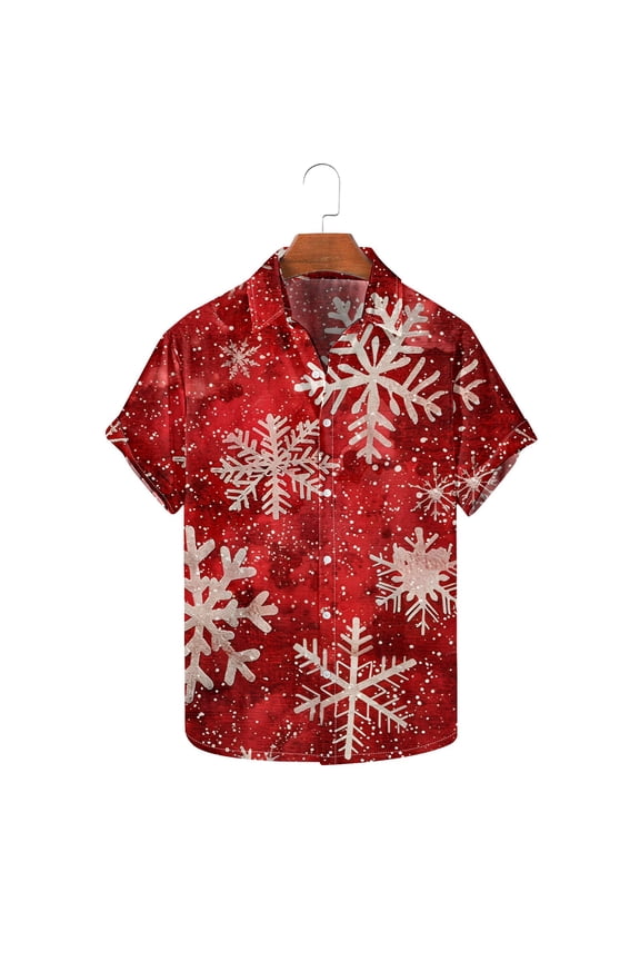 Mens Ugly Christmas Novelty Shirt, Xmas Snowflake Button Down Short Sleeve Holiday Xmas Shirts Red XL
