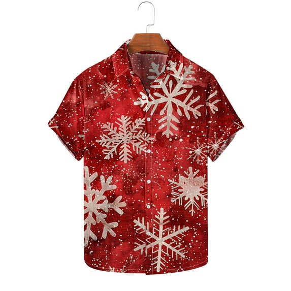 jjayotai Mens Ugly Christmas Novelty Shirt, Xmas Snowflake Button Down Short Sleeve Holiday Xmas Shirts Red XXL