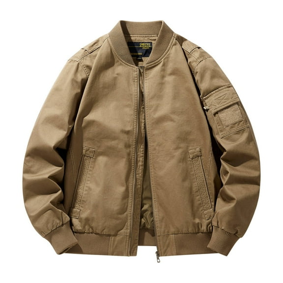 jjayotai Plus Size Cargo Jacket for Men, Casual Full Zip Jacket Baggy Flight Jackets Outdoor Long Sleeve Outwear Soft Work Jacket Coat Khaki XL