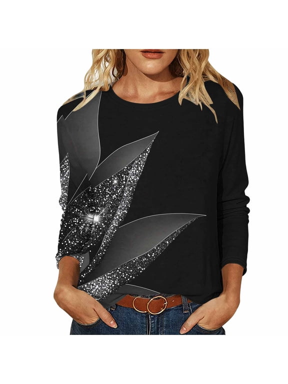Plus Size Womens Long Sleeve Shirts Round Neck Floral Printed Basic Tees Classic Fitted Tunic Tops Casual Fashion Dressy Clothes