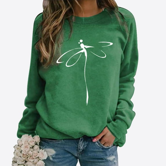 jjayotai Pullover Sweatshirts for Women, Dragonfly Print Long Sleeve Crew Neck Sweatshirt Casual Loose Cute Graphic Shirts Tops