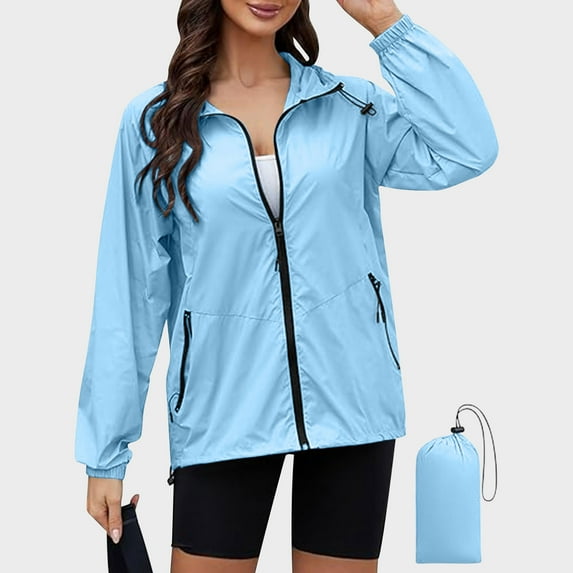 jjayotai Rain Jacket, Womens Lightweight Waterproof Windbreaker Jackets Hooded Packable Rain Coats with Pockets Blue L